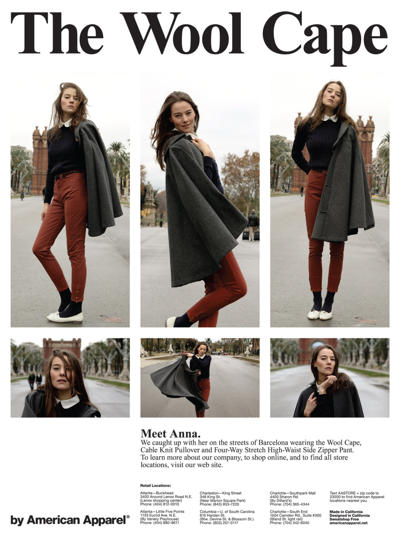 americanapparel:  Anna in the Wool Cape, Cable Knit Pullover and High-Waist Zipper