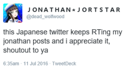 dead-wolfwood:  a japanese twitter is friends with me and they really love jonathan and its the most adorable thing ive seen in ages bonus: 