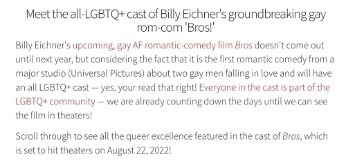 protectyourdarlings: The upcoming gay RomCom ‘Bros’ will be played by an all-lgbtqia cas