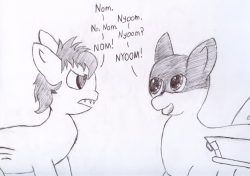 bleedshark:  bronyguard:  bleedshark and Scramjet of youobviouslyloveoctavia have an important discussion.  nom nom nom nom! :ytranslation: plane ponies are lame &gt;:y  xD D'aww~! &lt;3