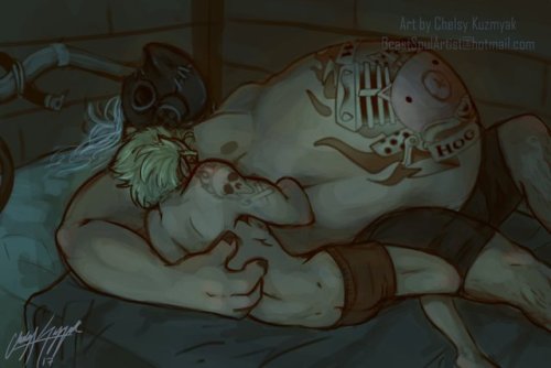 beastydraws: don’t mind me, I’m just HEAVILY abusing a fun little fact I found out about Junkertown. B)    In Roadhog and Junkrat’s house there’s only one bed. 