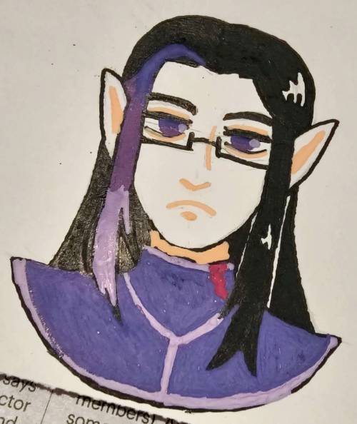 A portrait of my DND character, Velaris Darcenell, giving a neutral frown. The color palette is somewhat limited, using mostly black and different shades of purple against the white paper.