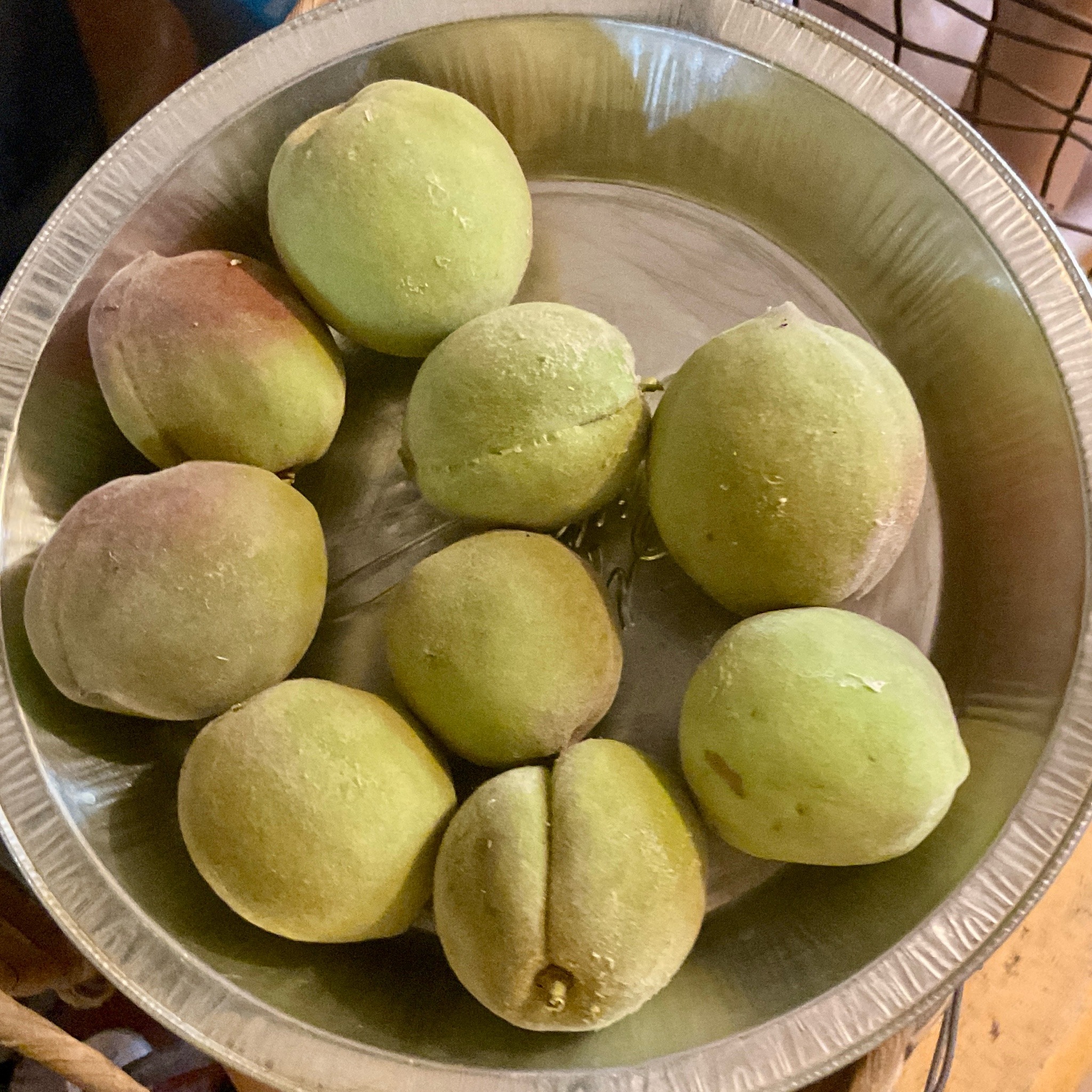 A pie tin full of very green, fuzzy peaches.