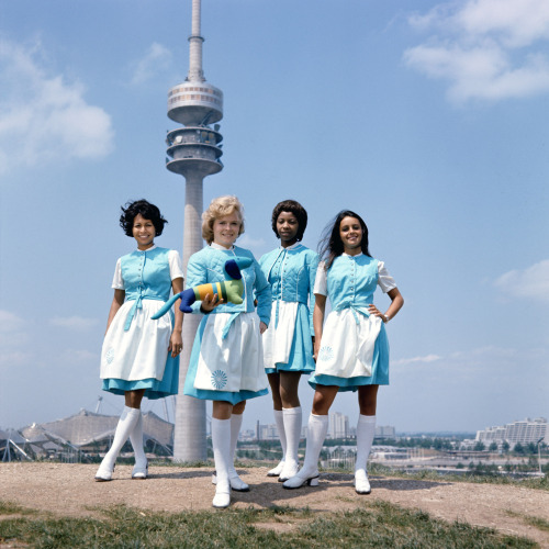 Hostesses with Waldi, the mascot of the 1972 Munich Olympic Games designed by Otl Aicher