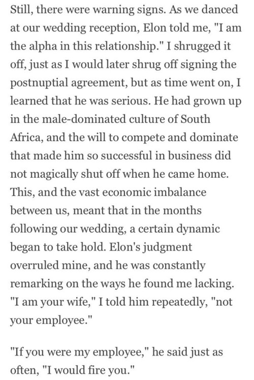 working-class-worm:  izzyovercoffee:  nuderefsarebest: Just a reminder from his first wife that Elon Musk is not a good person. The article this is from is pretty illuminating, if you want to give it a read.  “The same week, Nevada went down for a nap,