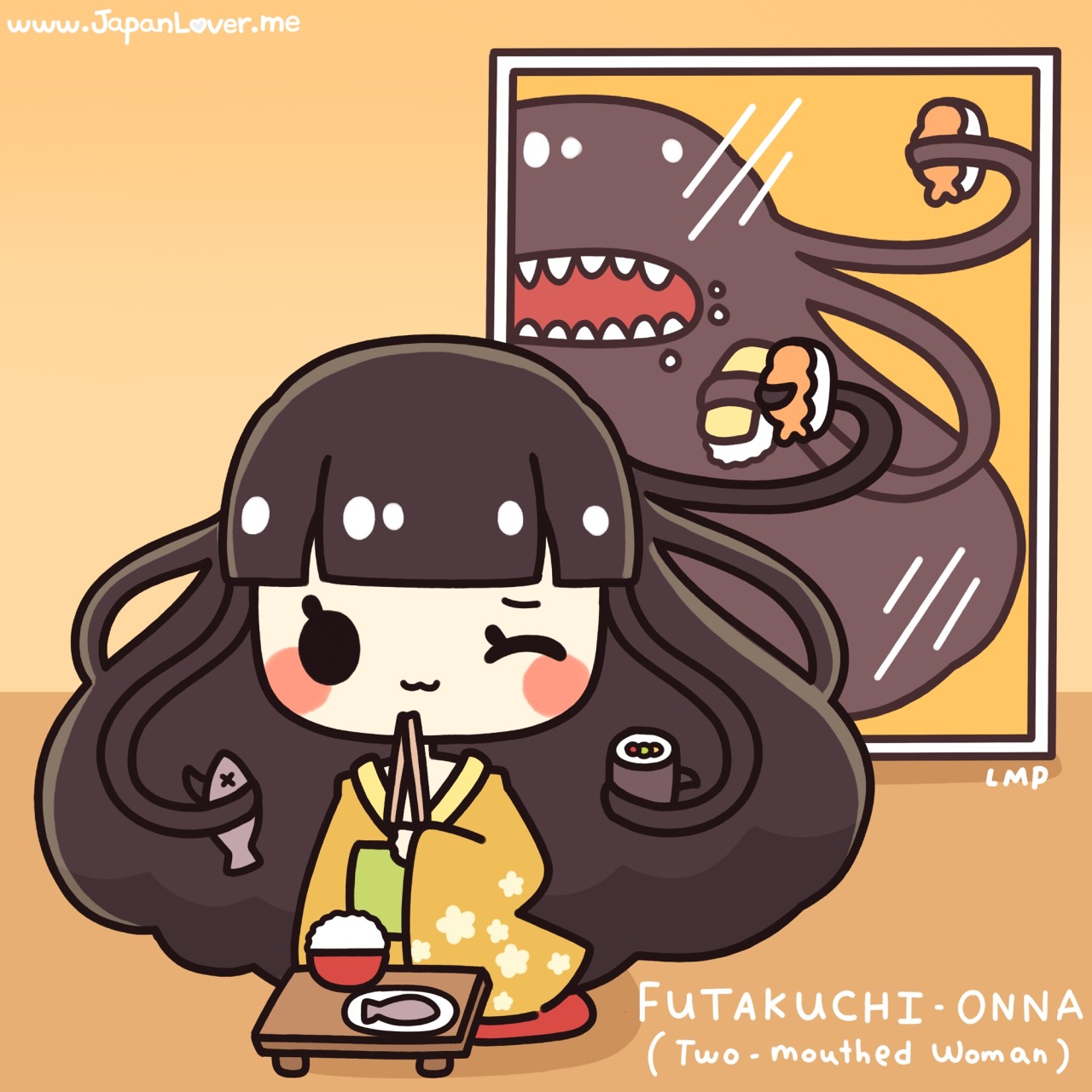 Yokai Linocut Futakuchi onna Yokai Linocut Futakuchi onna