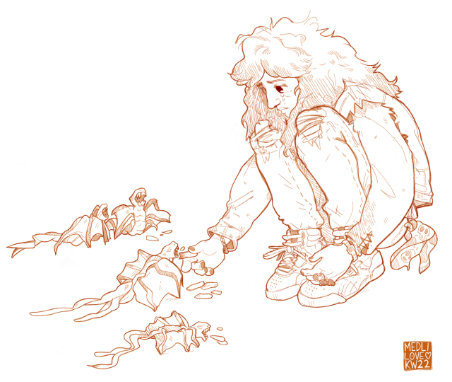 medlilove:About 10k notes ago @herelieskurt asked someone to redraw this photo of Dave Mustaine feeding pigeons into Eddie. I’m sure it’s already been done but here’s my take!Here’s Eddie in the upside down, doing his very best.Please click for