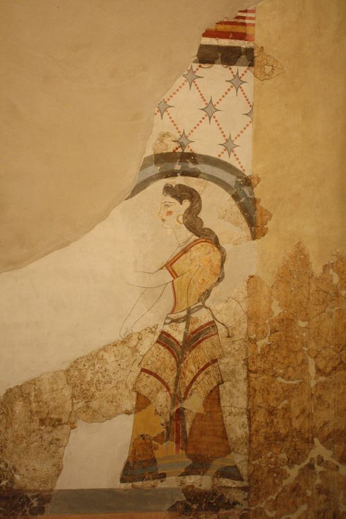 TheLadies Fresco at Akrotiri (Santorini, c. 1700 BC).Thisfresco, in two separate sections, shows two