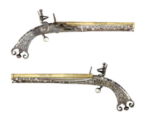A pair of Scottish flintlock pistols signed “Campbell”, dated 1715.