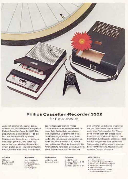 Philips EL 3302 cassette recorder, german sales folder, 1965. Source