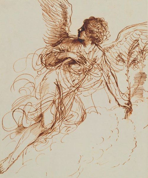 artwithangels:Guercino (Giovanni Francesco Barbieri, 1591–1666)The Angel of the Annunciation1646Pen