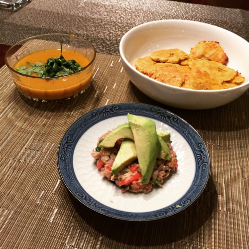 Dinner  Canned tuna ceviche, coconut milk acorn squash curry soup, baked plantains It&rsquo;s be