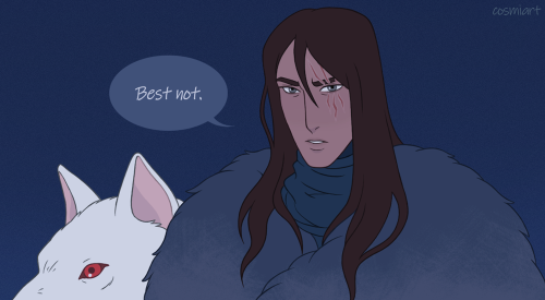 She gazed at Ghost. “May I touch your … wolf?”The thought made Jon uneasy. “Best not.”“He will not h