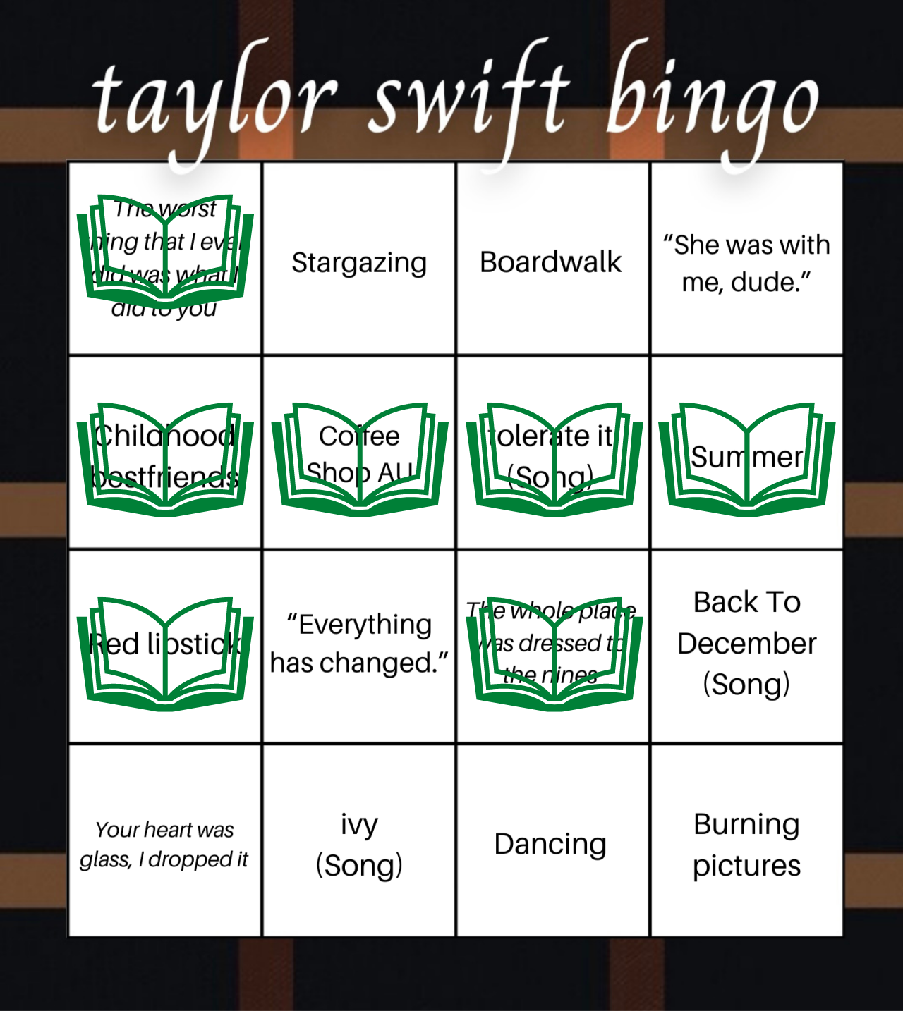 Taylor Swift Bingo Card