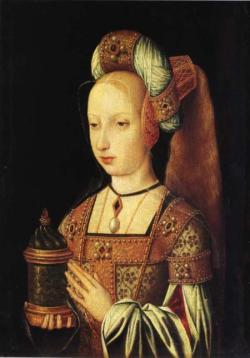daughter-of-castile:  tiny-librarian:  Portrait of Juana of Castile. Source  I do not understand her hair in this portrait o.O.She was brunette like her paternal family (very similar with her paternal grandmother Juana Enríquez).Her siblings had light