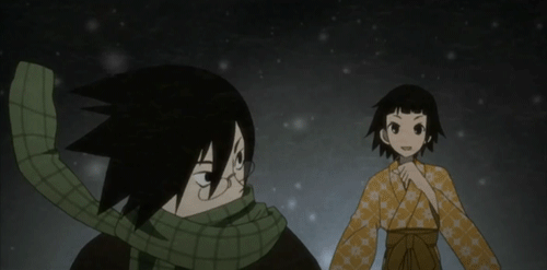 Really neat anime aesthetic: screened in, unmoving patterns for clothing or other textures