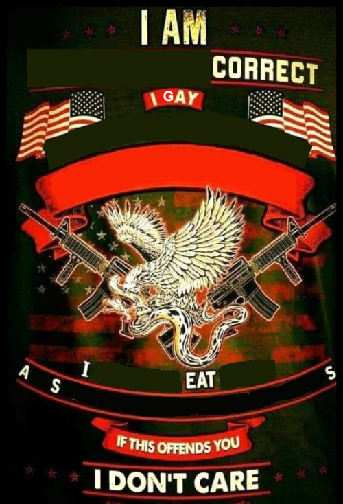 A right-wing poster, depicting a bird of prey wrestling a snake, framed by two machine guns, and a set of American flags. The text has been edited to read, "I am correct / I gay / I eat ass / If this offends you I don't care".
