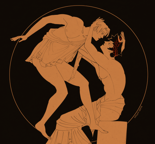 A seated youth pulling his lover down for a kiss, on a red-figure kylix. circa, unknown.Ref: (x)