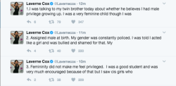 mxlas:  nonbinary-support:  Yes!!! Go Laverne Cox! (description of images below) Keep reading  “The irony of my life is prior to my transition I was called a girl and after I am often called a man.” 