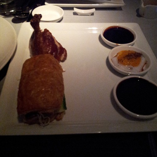 Duck, duck, duck: foie gras croissant, roast duck, soft duck egg & red miso sauce. (at Morimoto)