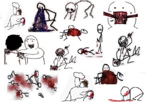 Meme with those stick figures weeping blood and tearing objects and people as well apart and grabbing some poor bastard's shoulders from despair