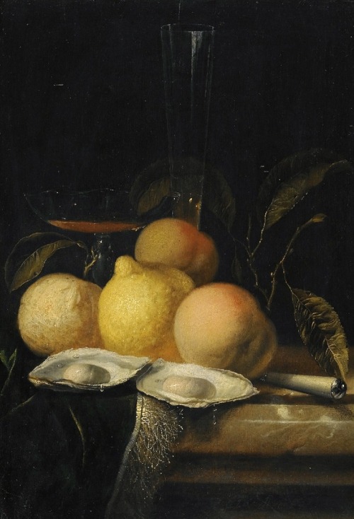 A still-life with oysters, peaches and a lemon on a marble table with a fringed carpet and glasses b