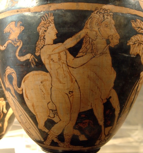 The Trojan prince Troilus brings his horse to a fountain to drink, while Achilles (to the left; not 