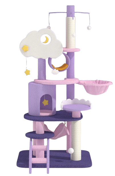 transparent image of a designer cat tree from Happy and Polly in soft purples and pinks with cloud and star accents