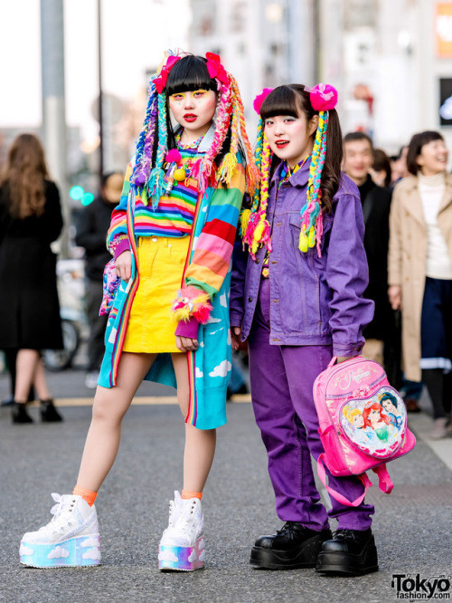 tokyo-fashion:  Japanese students Chami and Miori on the street in Harajuku wearing colorful kawaii styles with 6%DOKIDOKI accessories, as well as fashion from YRU, Never Mind The XU, Kiki, New York Joe, Kinji, WEGO, and WC Harajuku. Full Look