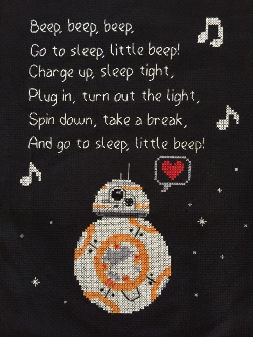 bomberqueen17: s-leary: Now that she’s received it, I can post the finished BB-8 cross stitch 