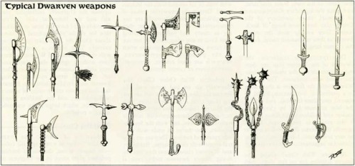 oldschoolfrp:Typical dwarven weapons and clan helmets  (David Sutherland, Gazetteer 6: The Dwarves o