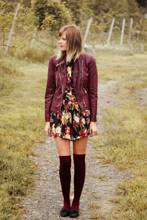 Burgundy knee high socks, flower print dress and dark red leather jacket