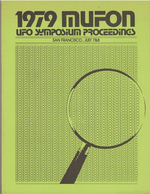 Title: 1979 Mufon UFO Symposium Proceedings. The cover is lime green, with "UFO" printed over and over like a wallpaper design. A magnifying glass is over this design.