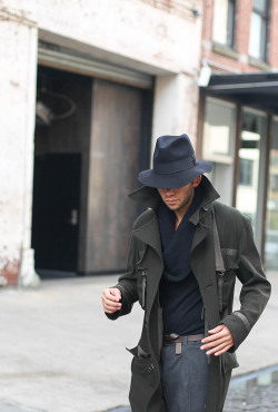 billy-george:  Brilliant styled - the loose look of the coat and hat work well against the slimming trousers and undershirt.  
