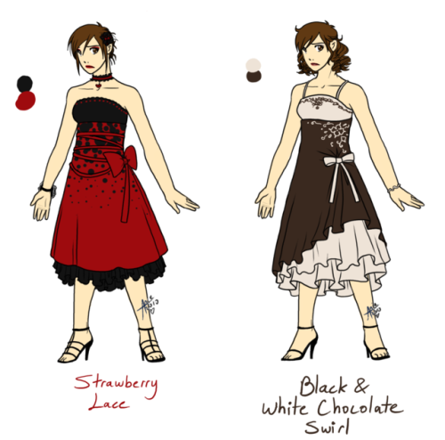 Dresses designed for the group event alluded to here.They’re all based on delicious foods because am