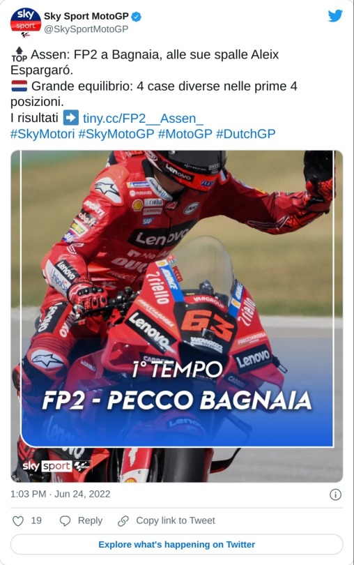 🔝 Assen: FP2 a Bagnaia, alle sue spalle Aleix Espargaró. 🇳🇱 Grande equilibrio: 4 case diverse nelle prime 4 posizioni. I risultati ➡ https://t.co/kjLT8as7tk#SkyMotori #SkyMotoGP #MotoGP #DutchGP pic.twitter.com/Cur1AQIiEx  — Sky Sport MotoGP (@SkySportMotoGP) June 24, 2022