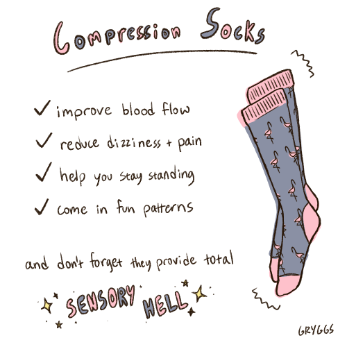 gryggs:compression sucks[ID: a cartoon of compression socks with a flamingo pattern. Text: “Compress