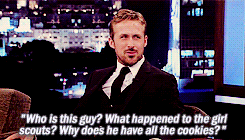 fuckyeahmcgosling:  “Who is this guy? What happened to the girl scouts? Why does he have all the cookies?” [x] 