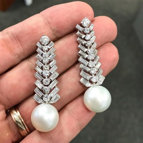 Impressive pair of South Sea pearl and diamond ear pendants. Coming up for auction this Fall at Dupu