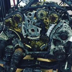 carmechanicfails:  Justrolledintotheshop Timing chains on an Acadia  I have a Buick Enclave, same motor, I&rsquo;m not looking forward to having to do anything engine-related to that car. No room in the bay. Even simple oil changes don&rsquo;t look so