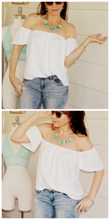 DIY Off the Shoulder Tee Shirt RefashionMake this easy tee refashion, with minimal hand sewing. No s