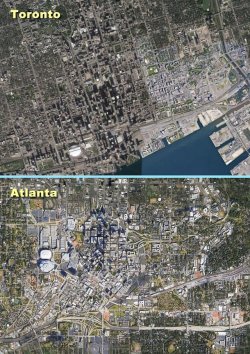 atlurbanist:  Toronto and Atlanta, from above.   Notice how Atlanta’s interstates are incredibly disruptive to the urban fabric – and of course they were devastating to the communities they displaced/demolished. Sometimes it takes a simple comparison