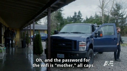 sandandglass:Bates Motel s03e05Of course the wifi password is ‘MOTHER’.