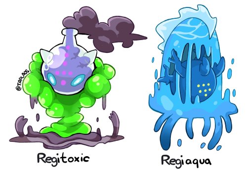 taplaos:  Never made any fakemon before…..so I went ahead and try to make Lil Regis!Inspiration behind each one:  Regimite: Bug -Beehive/Coonan with a regi poking outRegitoxic: Poison- Nuclear fallout cloud with radiation gooRegiaqua: Water- Man of