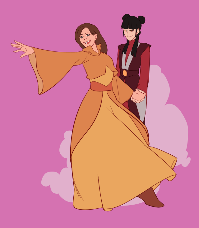 Drawing of Mai and Ty Lee from Avatar: The last airbender. Ty Lee is dressed in Air Nomad clothes and holding one hand of Mai. She's the focus of the piece, symbolizing her finding out about her true heritage. 