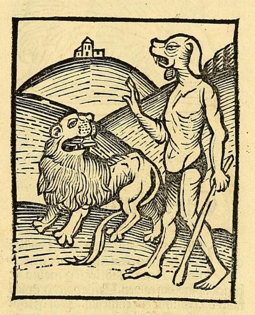 An illustration of some type of dog person having an apparently blasé interaction with a lion from J