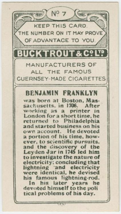 gunsandposes-history:The ever-electric Benjamin Franklin highlighted in a vintage cigarette card. pr