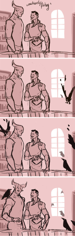 cuddlingthecthulhu:ok but Leliana’s crows fucking with Dorian is essentially my favorite headc