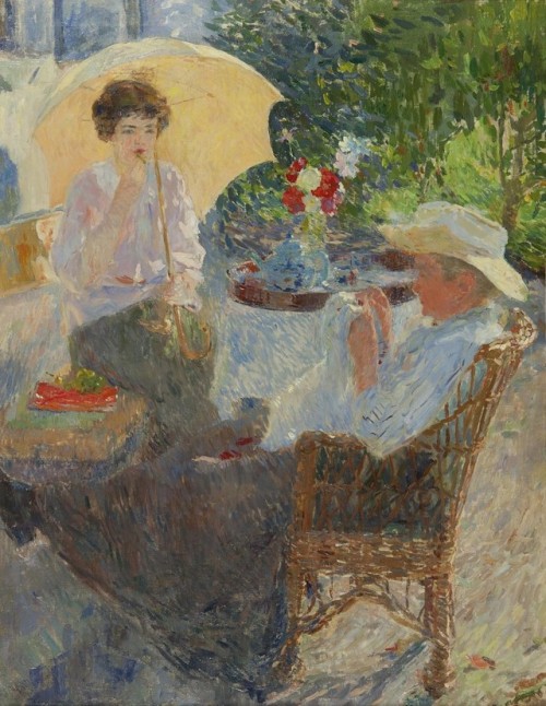 Two Women in a Sunny Garden,In the Garden  - Ernest Jean J.Godfrinon,1913.Belgian 1878-1927 Oil on c