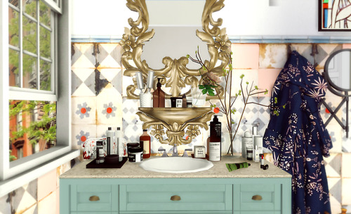 blackmojitos:iris cutie bathroom // sink vanity | mirror | robe | folding mirror | vase with branche